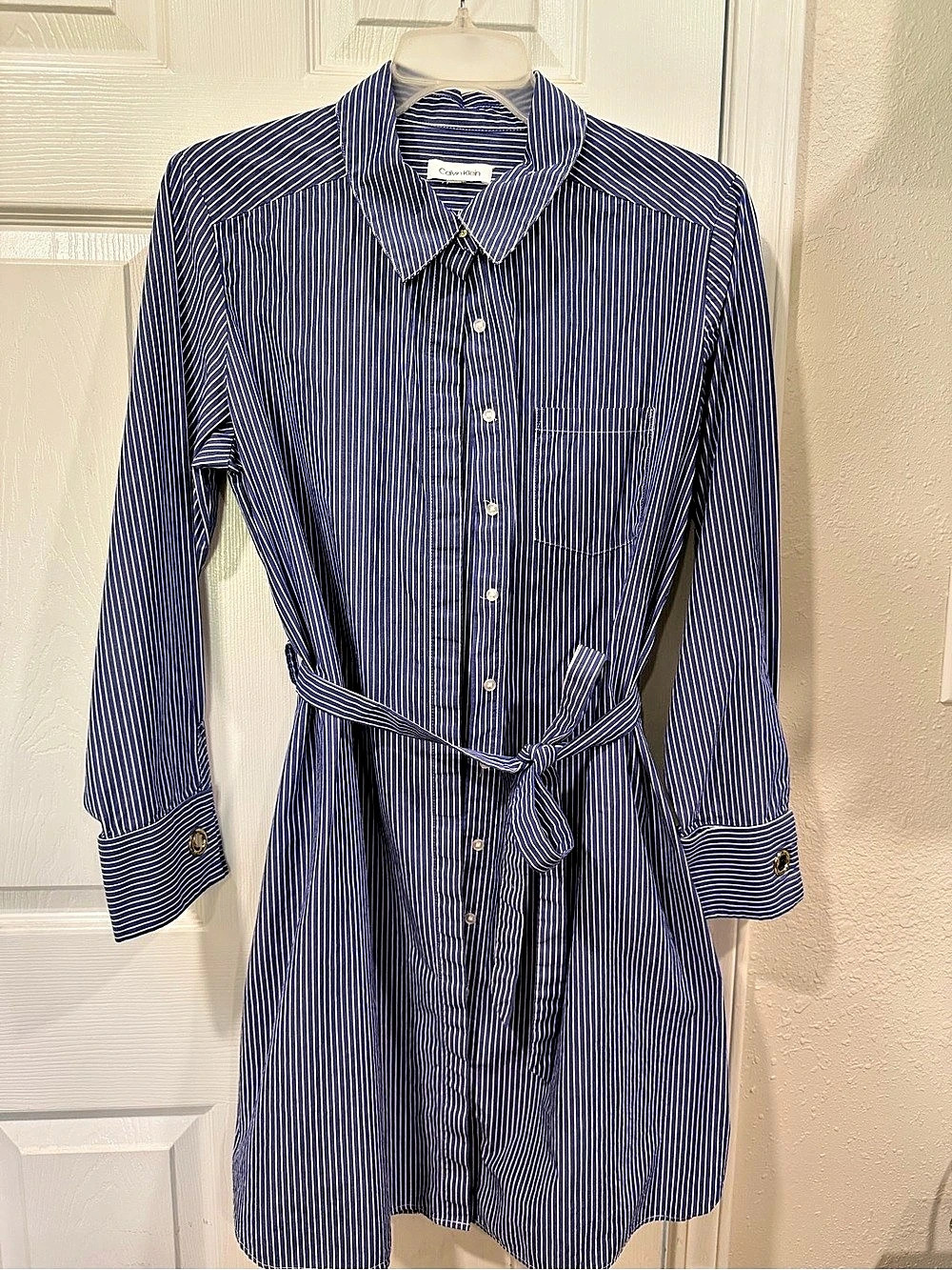 Calvin Klein Striped Shirt Dress in Blue & White